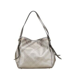 Burberry Check Tote Bag Shoulder Gray Leather